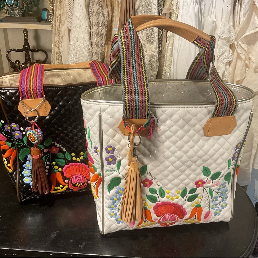 Consuela Quilted Floral Tote Bag with Tassel - White